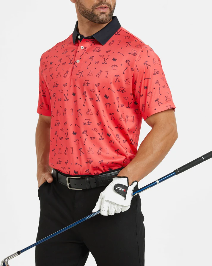 Men's Slim Fit Polo Shirts - Red Golf Polo Shirt with Stylish Print Design