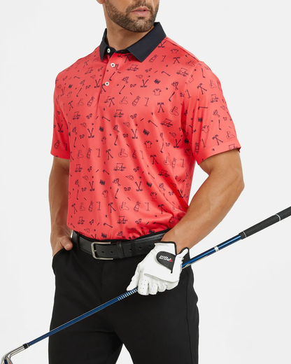 Men's Slim Fit Polo Shirts - Red Golf Polo Shirt with Stylish Print Design