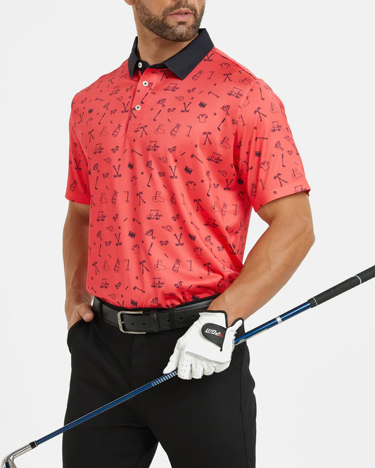 Men's Slim Fit Polo Shirts - Red Golf Polo Shirt with Stylish Print Design