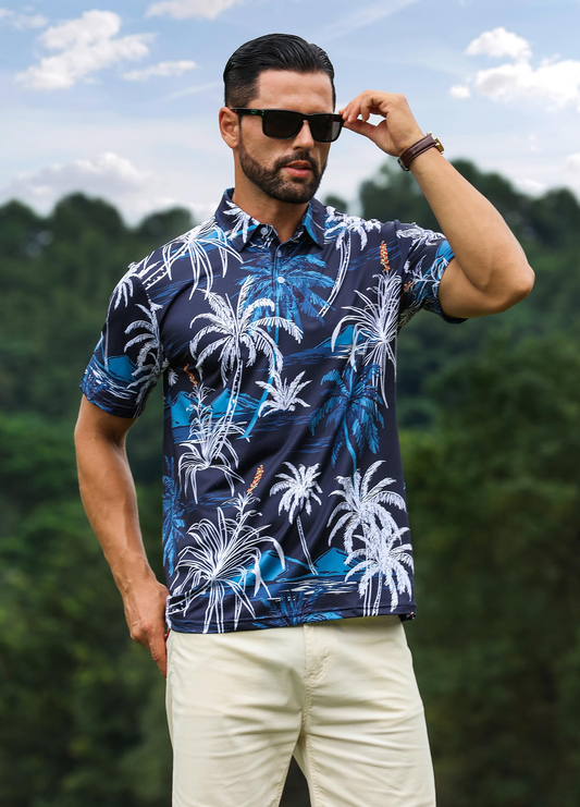 Custom Logo 88% Polyester 12% Spandex Short Sleeve Moisture Wicking Fashion Print Hawaiian Golf Polo Shirts