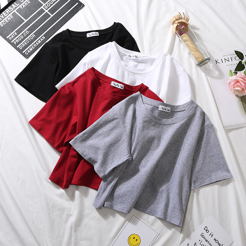 Custom Women's Summer Short Sleeve T-Shirt Cotton Solid O-Neck High Waist Crop Top Casual Loose Print Tee