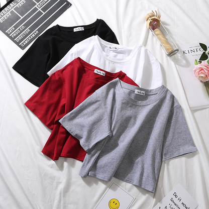Custom Women's Summer Short Sleeve T-Shirt Cotton Solid O-Neck High Waist Crop Top Casual Loose Print Tee