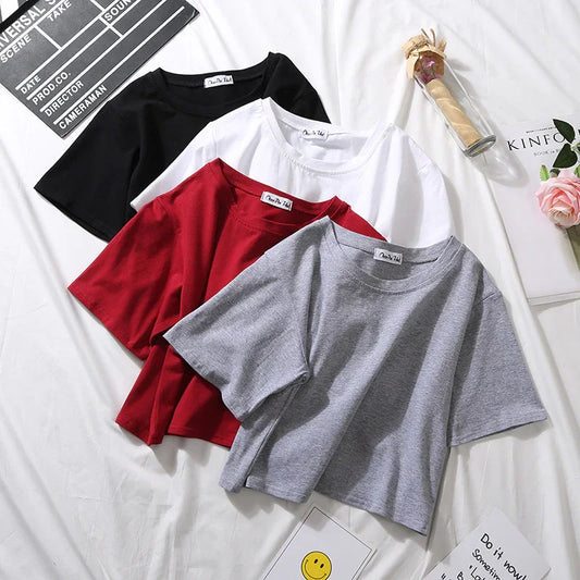 Bulk Custom Custom Women's Summer Short Sleeve T-Shirt Cotton Solid O-Neck High Waist Crop Top Casual Loose Print Tee with Logo Embroidery - Manufacturer Qiandao