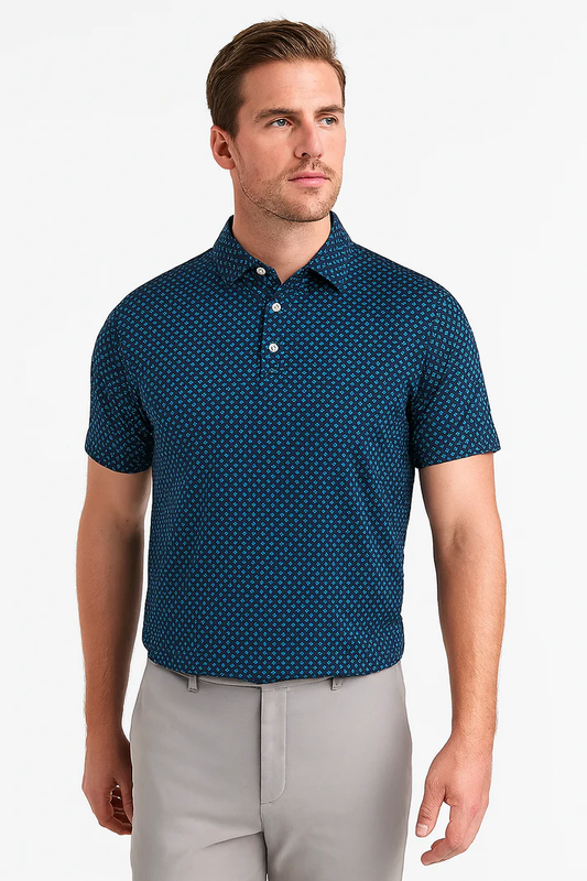 Blue Diamond Polo Shirt - Antimicrobial Quick Dry Slim Fit with Lattice Pattern