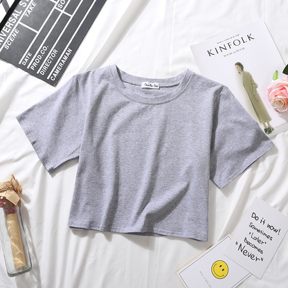 Custom Women's Summer Short Sleeve T-Shirt Cotton Solid O-Neck High Waist Crop Top Casual Loose Print Tee