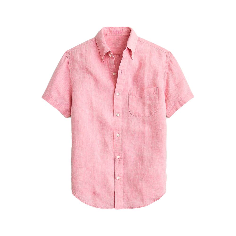 OEM Custom Casual Business Short Sleeve Linen Plain Color Full Button up Shirt Top for Men