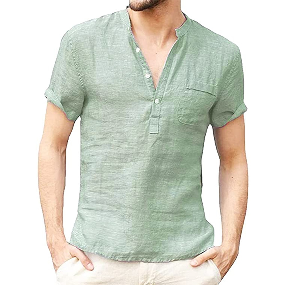 Custom High Quality New Cotton Oversized Tshirt Short Sleeve Solid Plain V-neck Button Down White 100% Linen t Shirt for Men