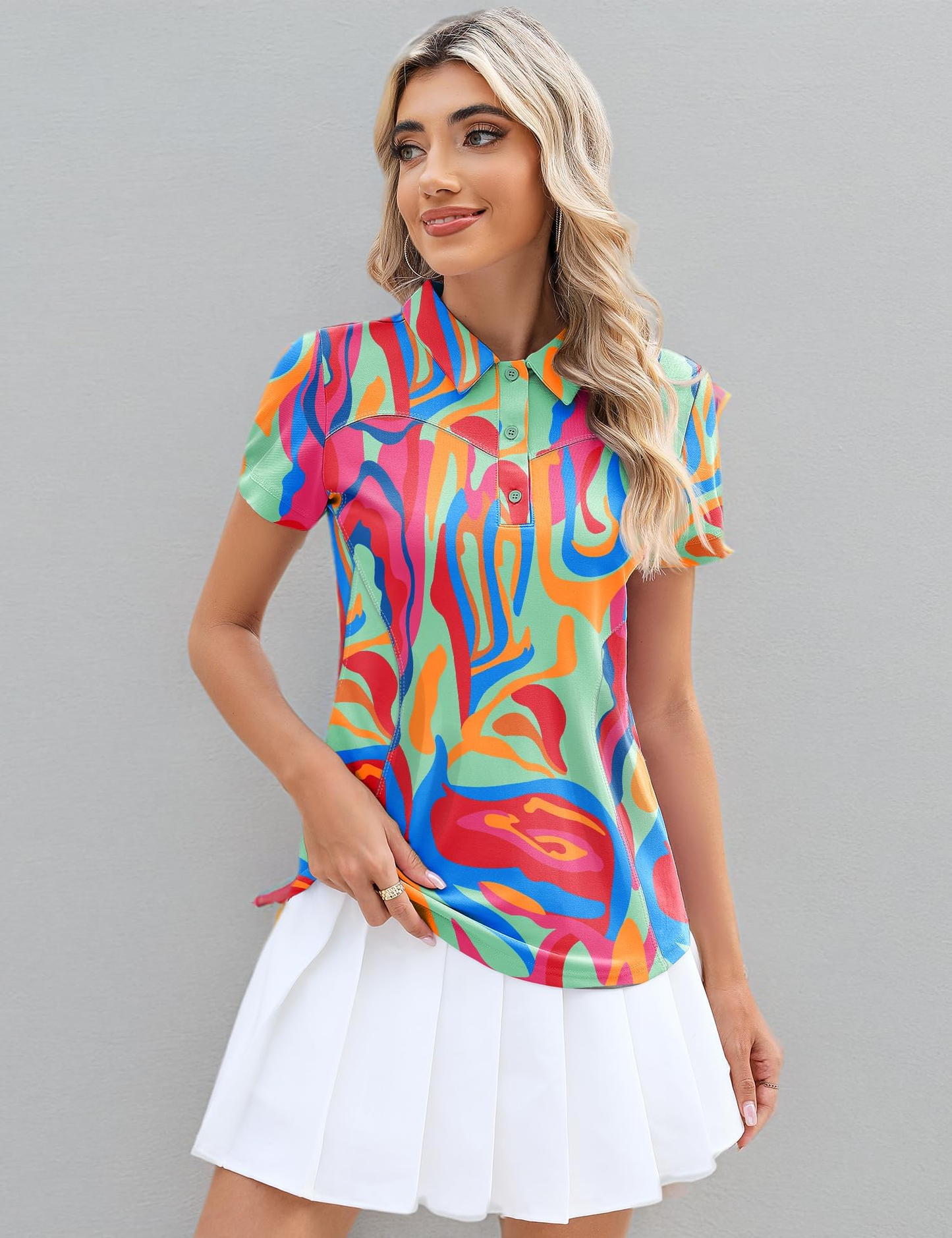 Customized logo short-sleeved, lightweight, moisture-wicking polo shirts for casual wear. They are women's three-button golf polo shirts in floral rose red