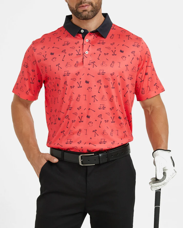 Men's Slim Fit Polo Shirts - Red Golf Polo Shirt with Stylish Print Design