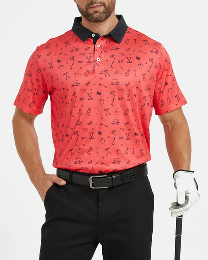 Men's Slim Fit Polo Shirts - Red Golf Polo Shirt with Stylish Print Design