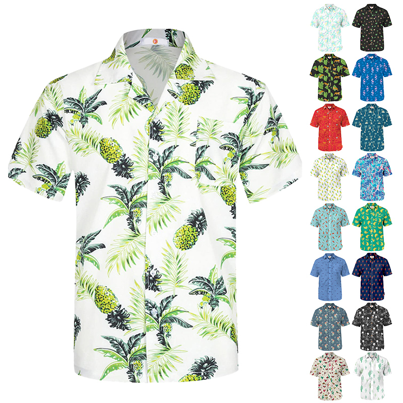 Custom logo Quick Dry Slim Fit Sublimation Printed Vacation Linen Cotton Hemp Fabric Men's Short Sleeve Button up Hawaiian Shirt