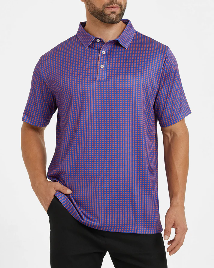 Men's Purple Golf Polo Shirt with Stylish Square Pattern - Perfect Golf Apparel