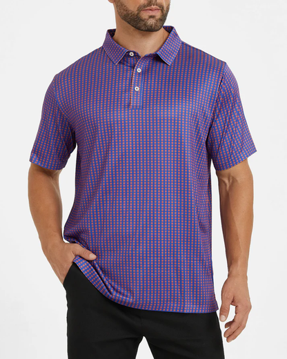 Men's Purple Golf Polo Shirt with Stylish Square Pattern - Perfect Golf Apparel
