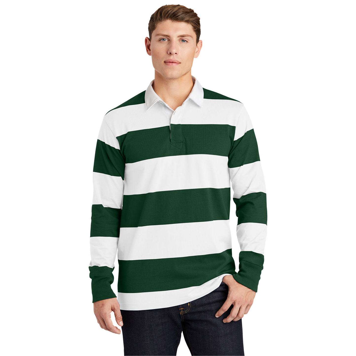 Custom Logo 100% Cotton Green and White Stripes Apparel Men's Classic Rugby Long Sleeve Polo Shirt