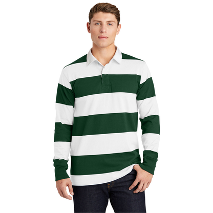 Custom Logo 100% Cotton Green and White Stripes Apparel Men's Classic Rugby Long Sleeve Polo Shirt