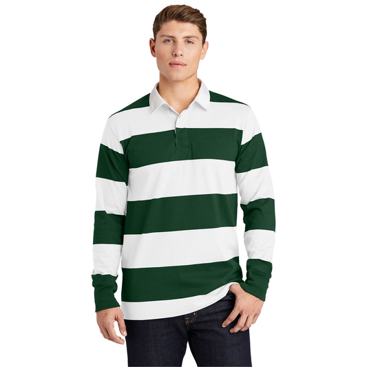 Custom Logo 100% Cotton Green and White Stripes Apparel Men's Classic Rugby Long Sleeve Polo Shirt