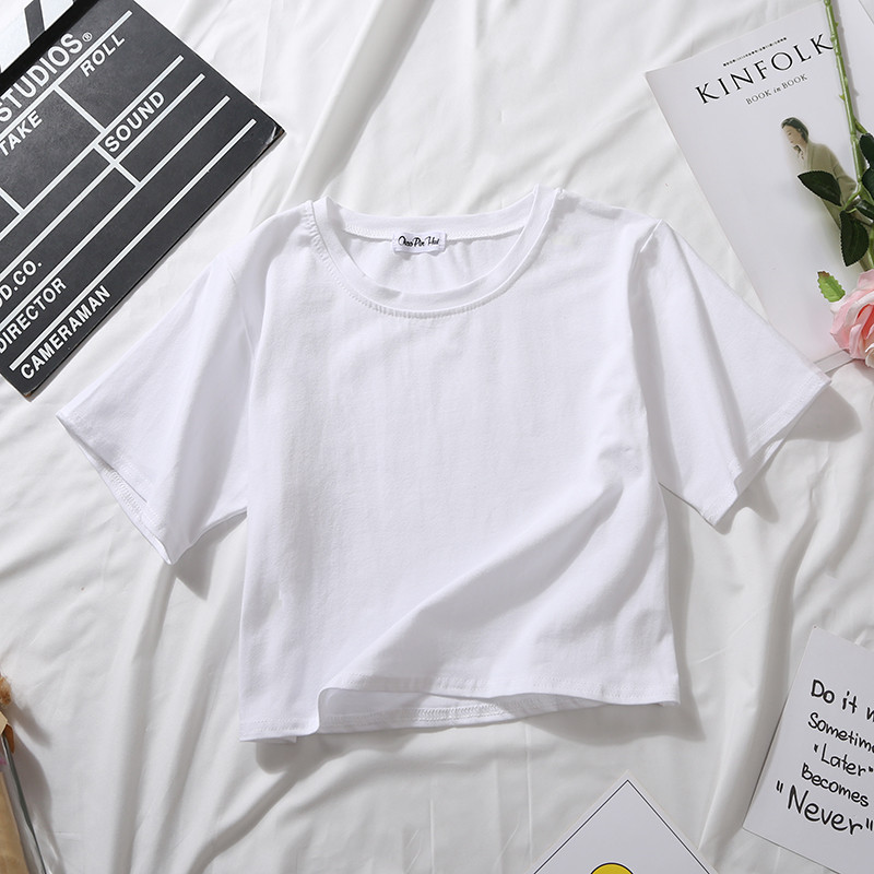 Custom Women's Summer Short Sleeve T-Shirt Cotton Solid O-Neck High Waist Crop Top Casual Loose Print Tee