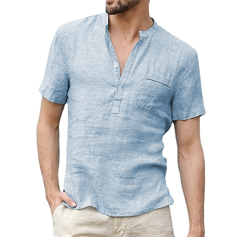 Custom High Quality New Cotton Oversized Tshirt Short Sleeve Solid Plain V-neck Button Down White 100% Linen t Shirt for Men