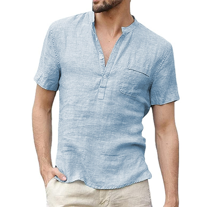Custom High Quality New Cotton Oversized Tshirt Short Sleeve Solid Plain V-neck Button Down White 100% Linen t Shirt for Men