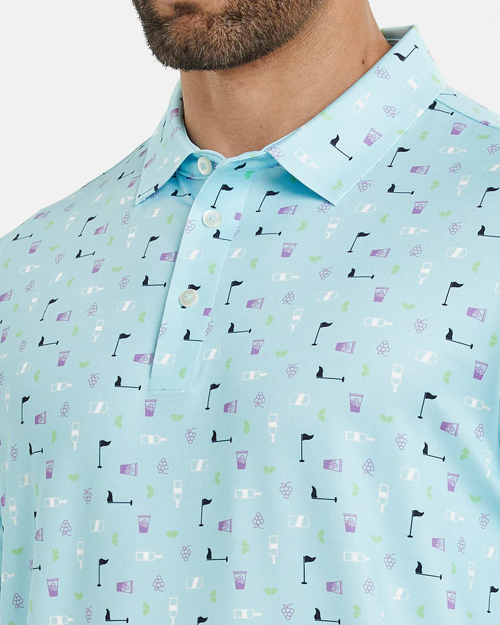 Men's Blue Golf Polo Shirt with Unique Golf Element Prints