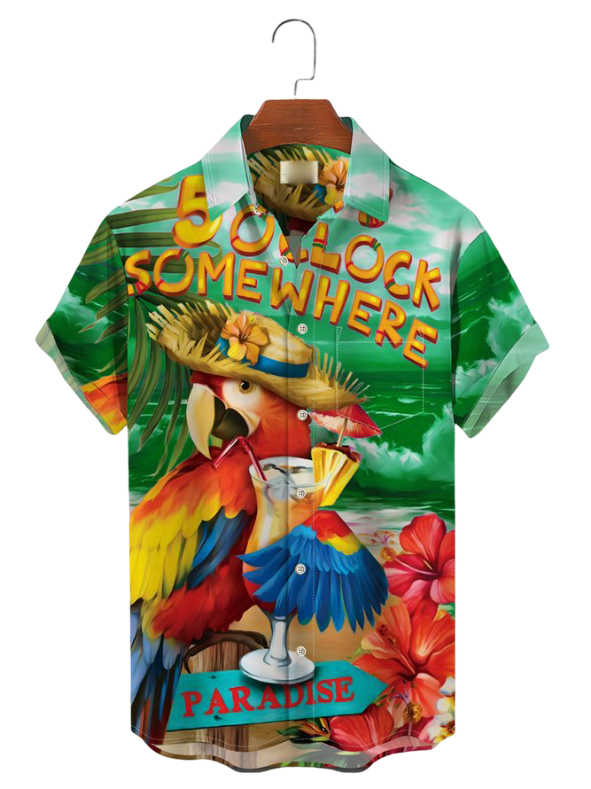 Custom Logo Slim Fit Printed Men's Hawaiian Shirt Short Sleeve Tropical Vacation Button Down Beach Floral Palm Shirts