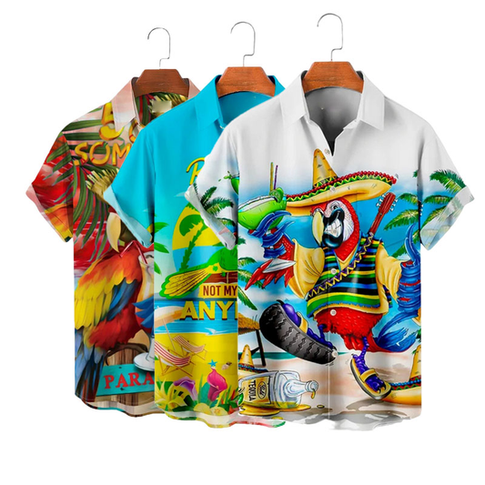 Custom Logo Slim Fit Printed Men's Hawaiian Shirt Short Sleeve Tropical Vacation Button Down Beach Floral Palm Shirts
