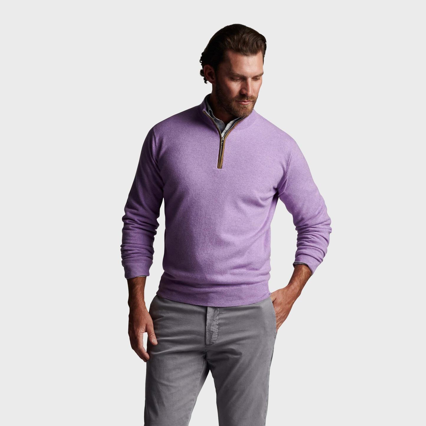 Custom Logo Winter Plain Artisan Crafted Cashmere Flex Quarter Zip Neck Purple Golf Pullover Men's Sweaters