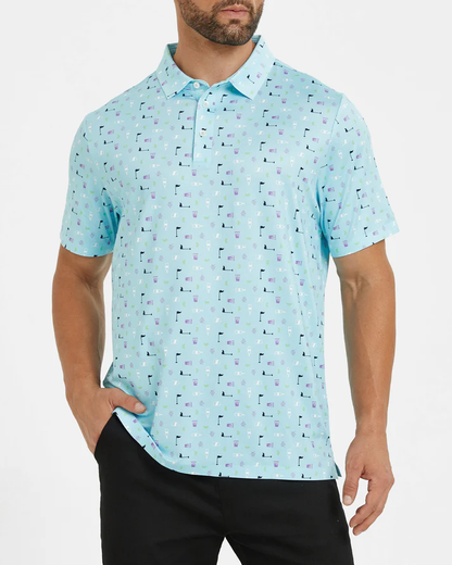 Men's Blue Golf Polo Shirt with Unique Golf Element Prints