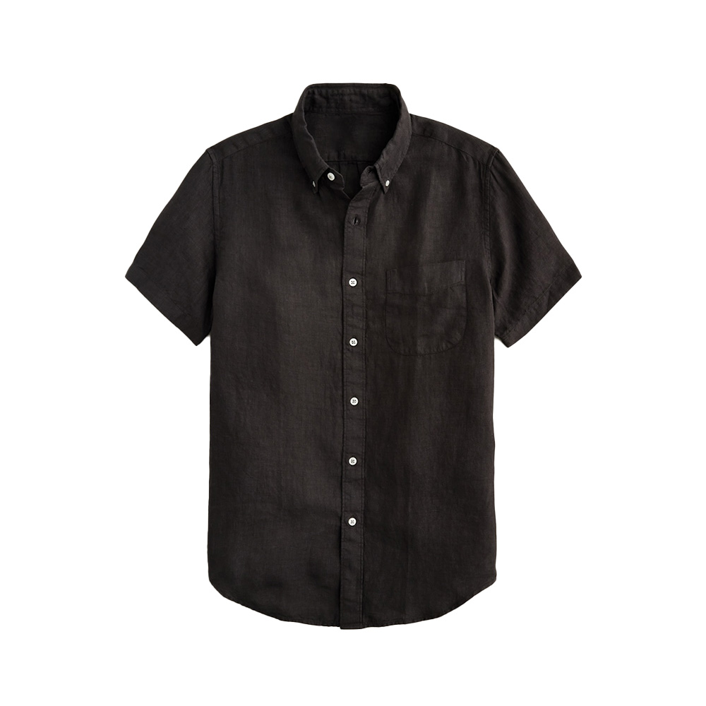 OEM Custom Casual Business Short Sleeve Linen Plain Color Full Button up Shirt Top for Men