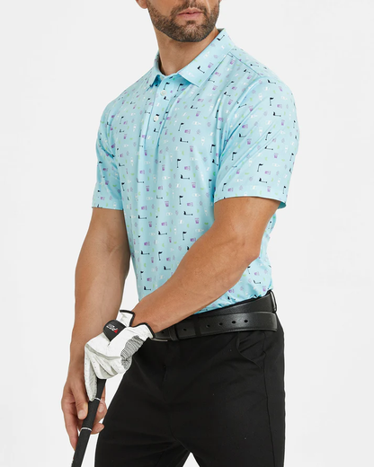Men's Blue Golf Polo Shirt with Unique Golf Element Prints