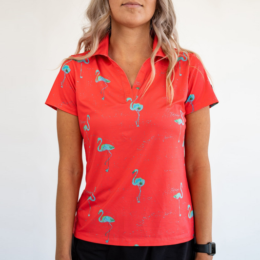 Custom Logo Summer Breathable Fashion Flamingo Full Allover Print Slim Sports V-neck Woman Polo T-shirt with logo Golf Clothes