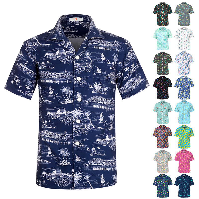 Custom logo Quick Dry Slim Fit Sublimation Printed Vacation Linen Cotton Hemp Fabric Men's Short Sleeve Button up Hawaiian Shirt