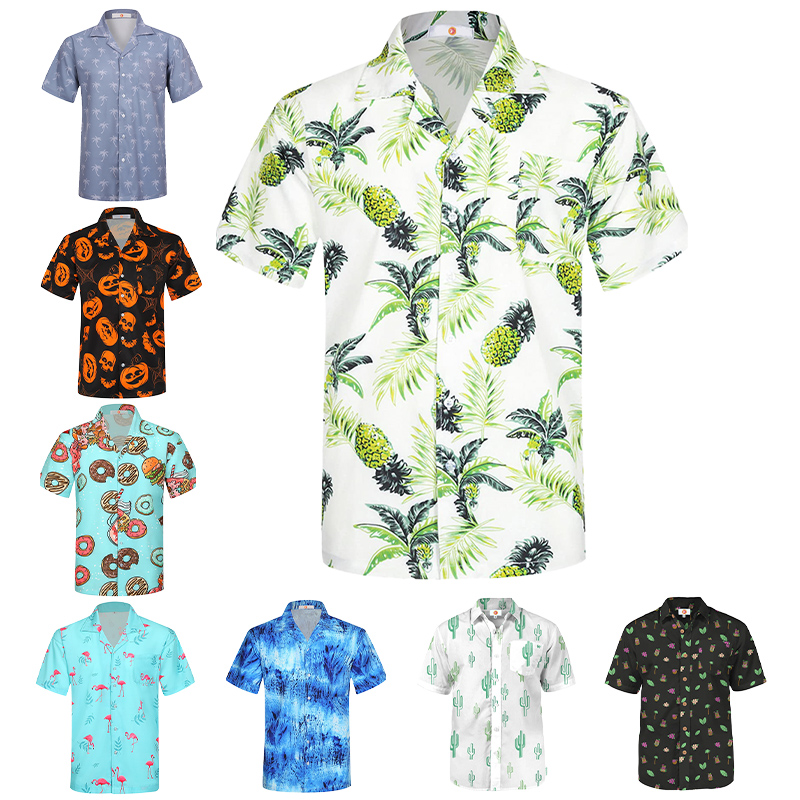 Custom logo Quick Dry Slim Fit Sublimation Printed Vacation Linen Cotton Hemp Fabric Men's Short Sleeve Button up Hawaiian Shirt
