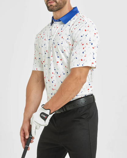 Men's Golf Polo Shirt with Stylish Flag Print Patterns for the Dynamic Player