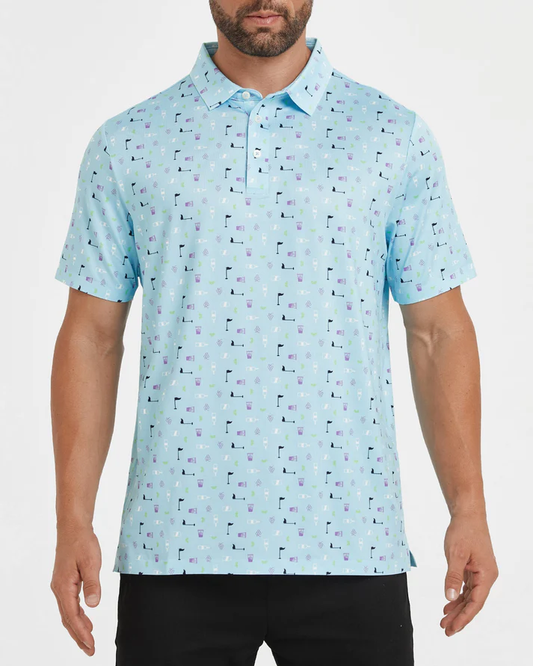 Men's Blue Golf Polo Shirt with Unique Golf Element Prints