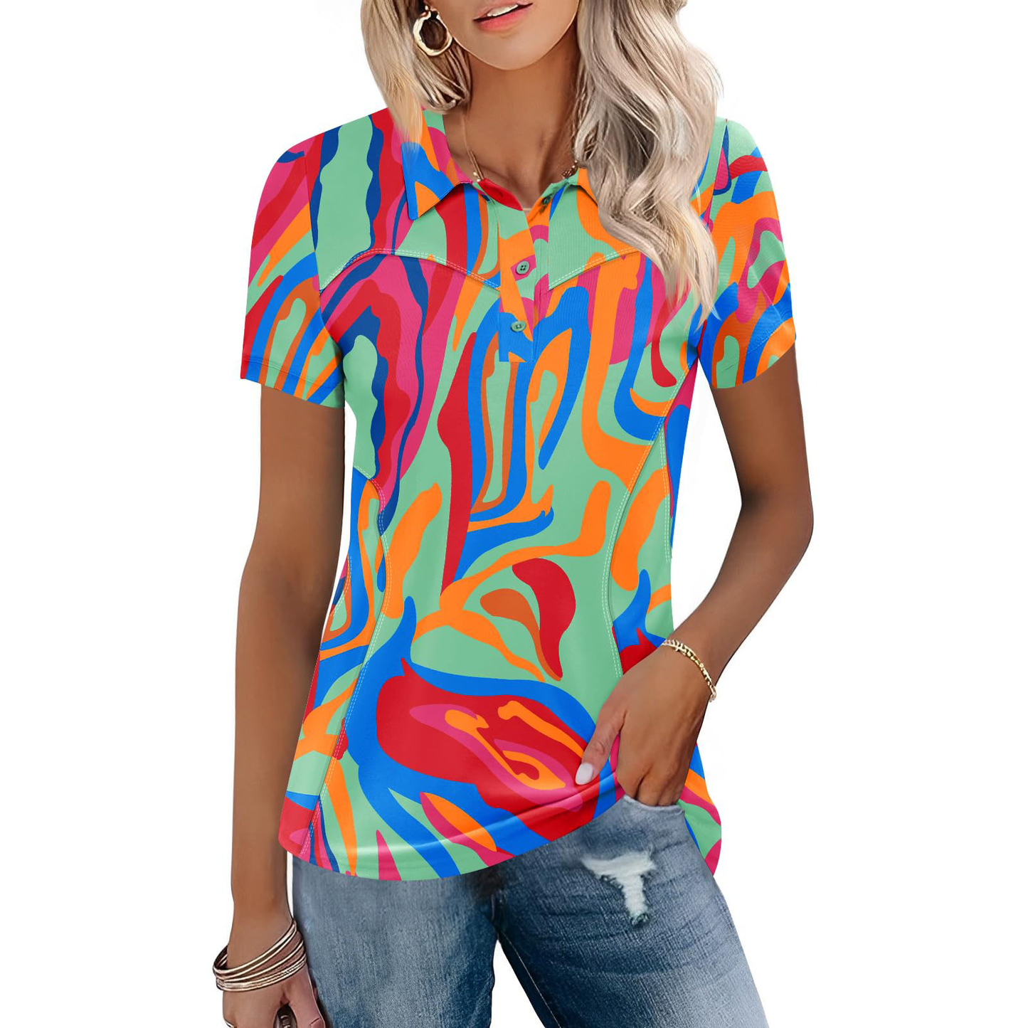 Customized logo short-sleeved, lightweight, moisture-wicking polo shirts for casual wear. They are women's three-button golf polo shirts in floral rose red