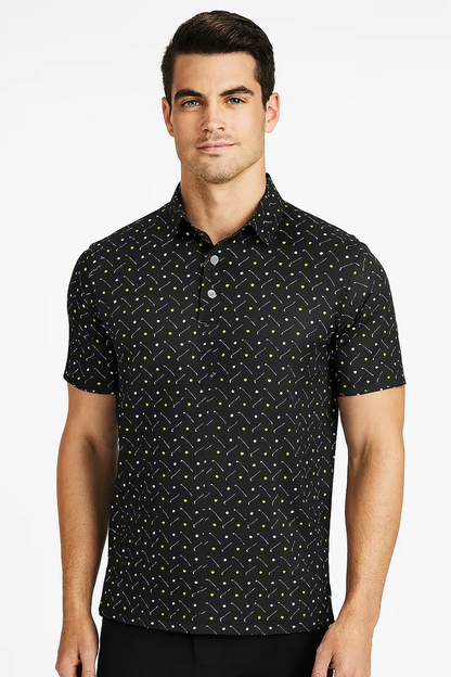 Antimicrobial Golf Polo Shirt - Quick Dry Slim Fit with Golf Equipment Patterns