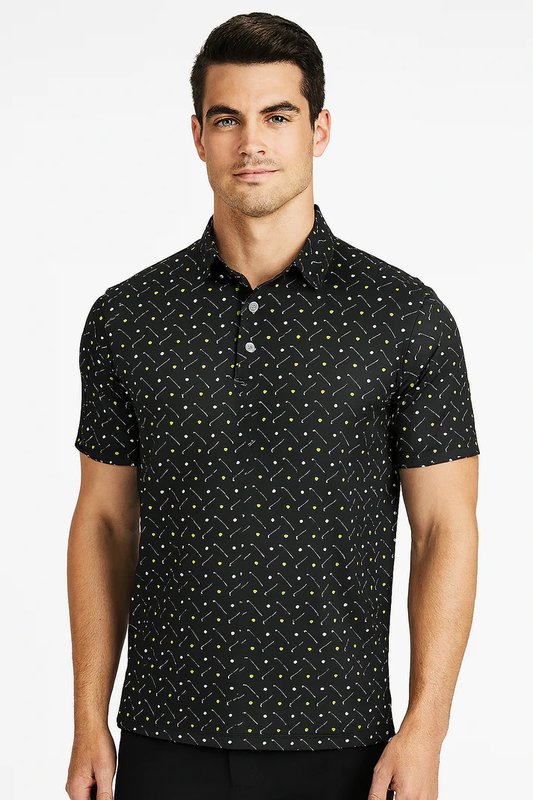 Antimicrobial Golf Polo Shirt - Quick Dry Slim Fit with Golf Equipment Patterns