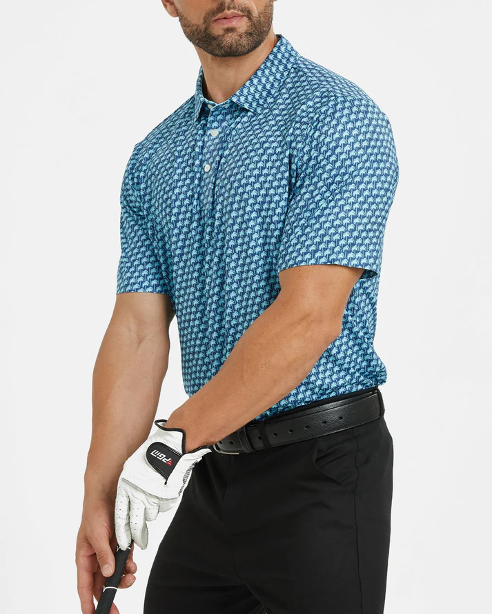 Men's Hawaii Golf Polo - Blue Tropical Pattern Coconut Tree Shirt