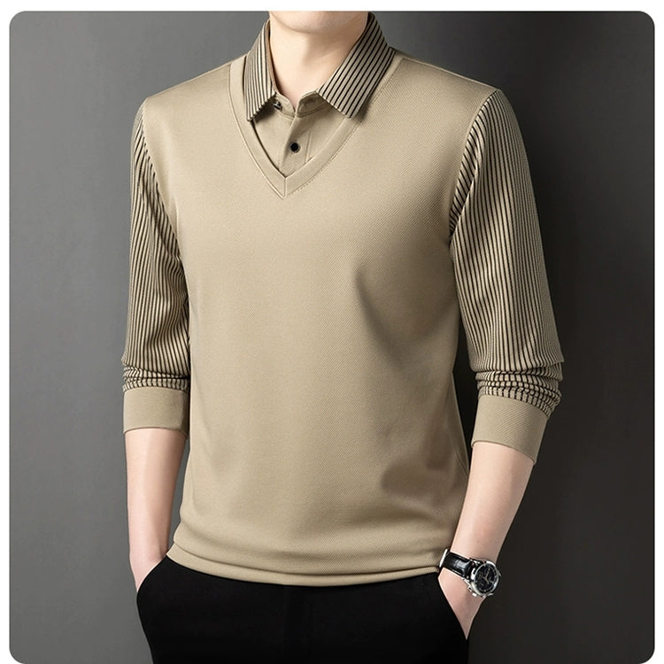 Custom logo Khaki Striped Lapel Faux Two Piece Business Casual Full Long Sleeve Polo Shirt for Men