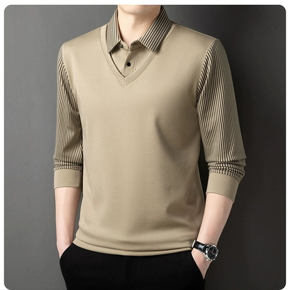 Custom logo Khaki Striped Lapel Faux Two Piece Business Casual Full Long Sleeve Polo Shirt for Men