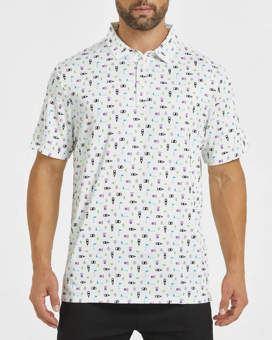 Men's White Golf Polo Shirt for Stylish Performance with Celebration Print