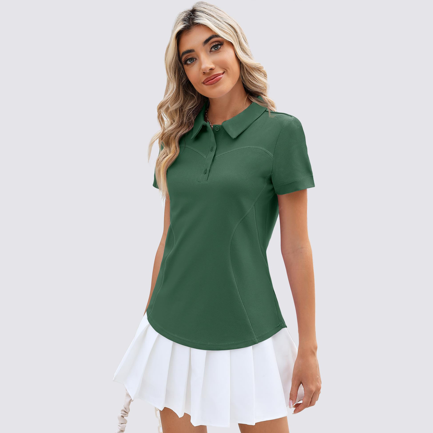 Custom logo green cotton, spandex and polyester short-sleeve lightweight moisture-wicking casual three-button women's golf polo shirt