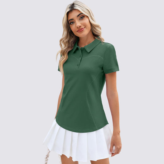 Custom logo green cotton, spandex and polyester short-sleeve lightweight moisture-wicking casual three-button women's golf polo shirt