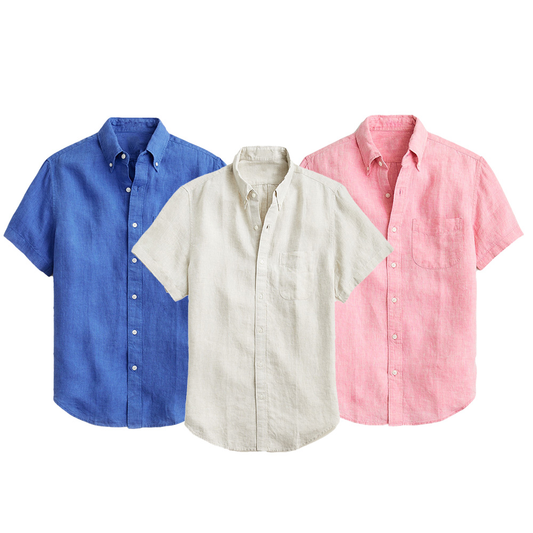 OEM Custom Casual Business Short Sleeve Linen Plain Color Full Button up Shirt Top for Men