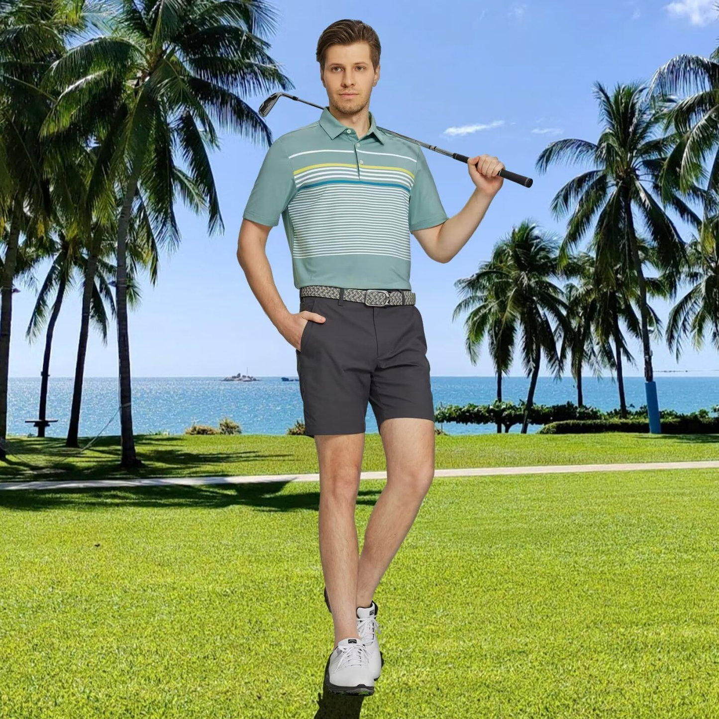 Custom Logo Spandex Polyester Moisture Wicking Dry Fit Lightweight Performance Striped Print Golf Polo Tshirts for Men