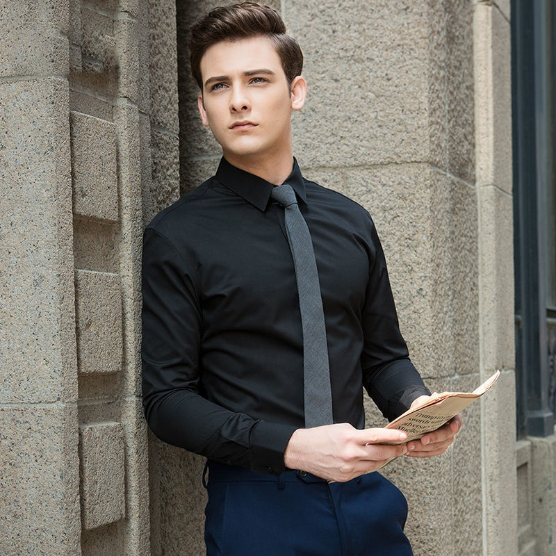2025Wholesale Custom Designer High Quality Long Sleeve Plus Size Polyester Cotton Pure Color Men Business Shirts