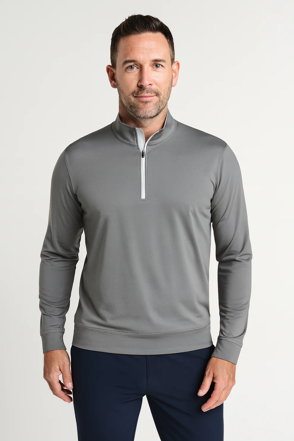 Men's Grey - toned Half - Chest Zipper Stand - Collar Casual Sweatshirt