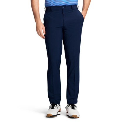 Men's casual golf swing pants, made of 94% polyester and 6% spandex, with a mid-rise waist, button and zipper closure, straight tube design, flat front, and offering OEM services