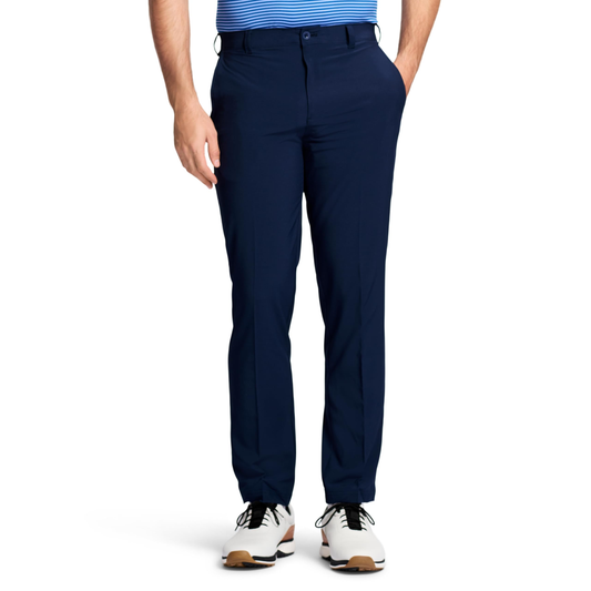 Men's casual golf swing pants, made of 94% polyester and 6% spandex, with a mid-rise waist, button and zipper closure, straight tube design, flat front, and offering OEM services